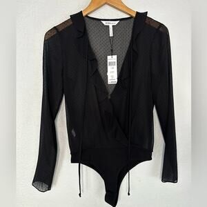 NEW Sheer Black Polka Dot Long Sleeve Bodysuit Ruffle Surplice Coquette Sexy